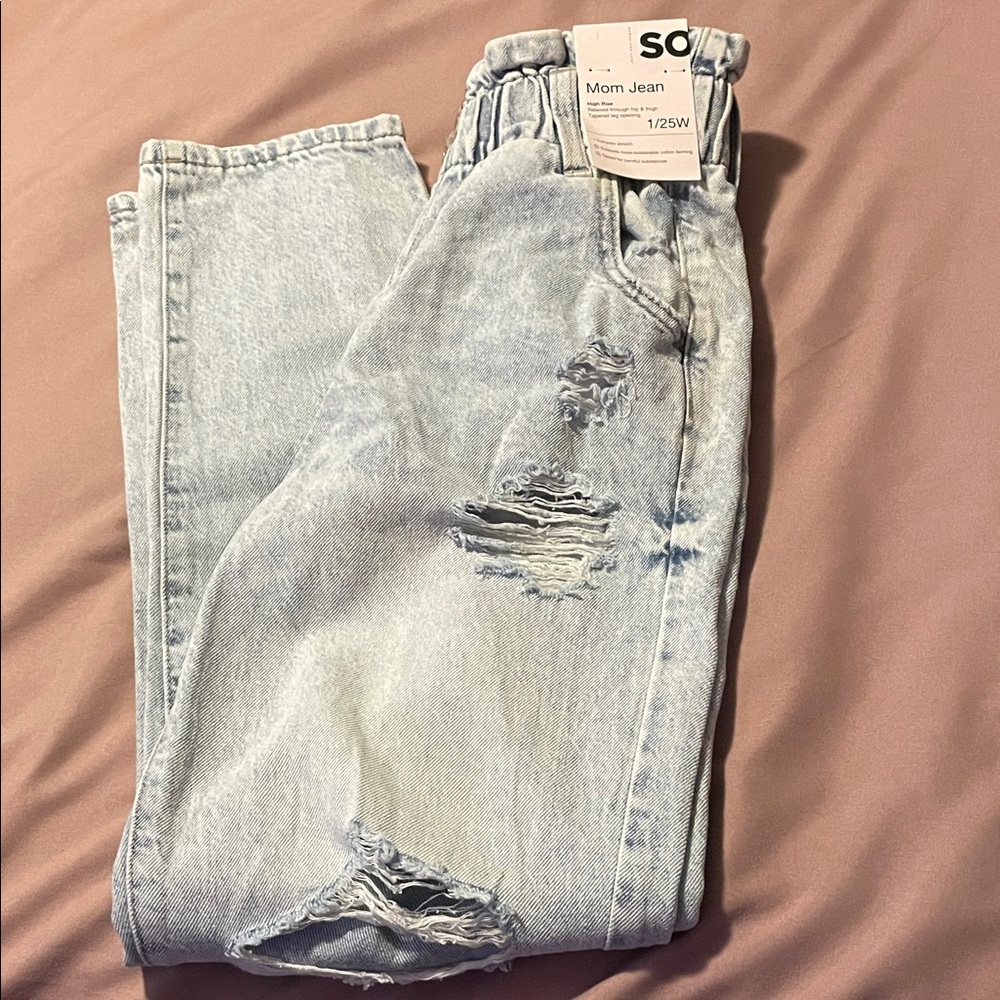 SO Light Blue Distressed Mom Jeans with Ruffled Elastic Waistband